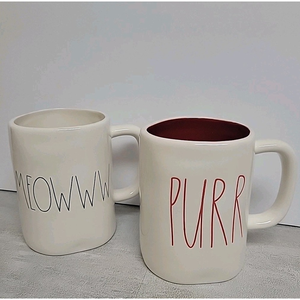 NWOB Rae Dunn PURR MEOWWW Coffee Mugs Set Of 2 20 Ounce Ceramic Dishwasher Safe